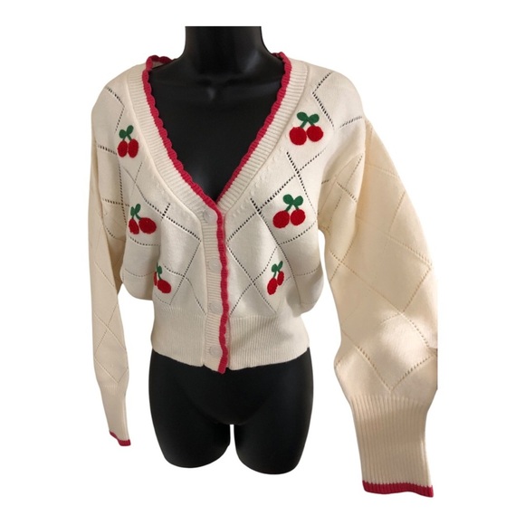 Jessica Simpson cream pink scalloped trim cherry embroidered cardigan size M new - Picture 4 of 17
